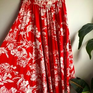 Red and White Botanical Midi Skirt